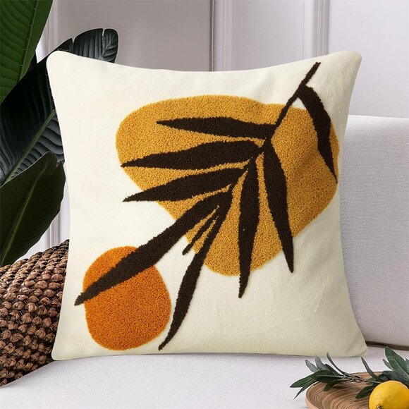 Abstract Throw Pillow Covers Orange Mid Century Geometric Leaf Decorative Cases - Picture 1 of 6